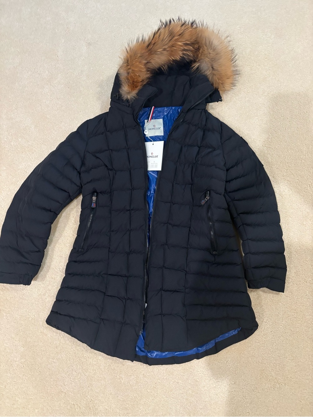 Moncler Black Quilted Down Coat with Fur-Trim Hood